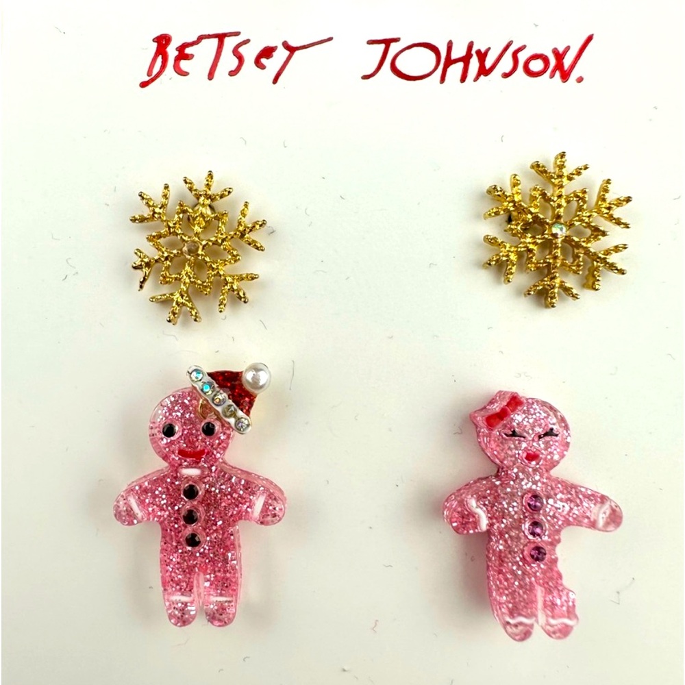 Betsey Johnson Pink Gingerbread & Gold Snowflake Stud Style Earrings NWT NIB